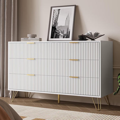 FURNIWAY White 6 Drawer Dresser for Bedroom, Modern Dresser with Gold Metal Handles,Fluted Wood TV Stand for Living Room, Hallway