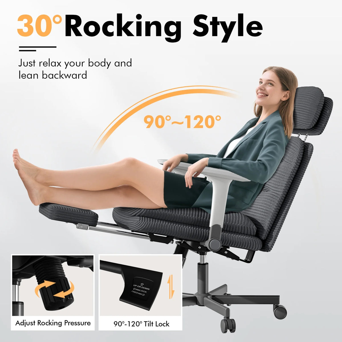 Solfway Criss Cross Chair with Wheels & Flip-up Arms, Executive Office Chair with Foot Rest, Swivel Cross Legged Office Chair, White Corduroy Fabric Comfy Computer Desk Chair, Vanity Chair for Home