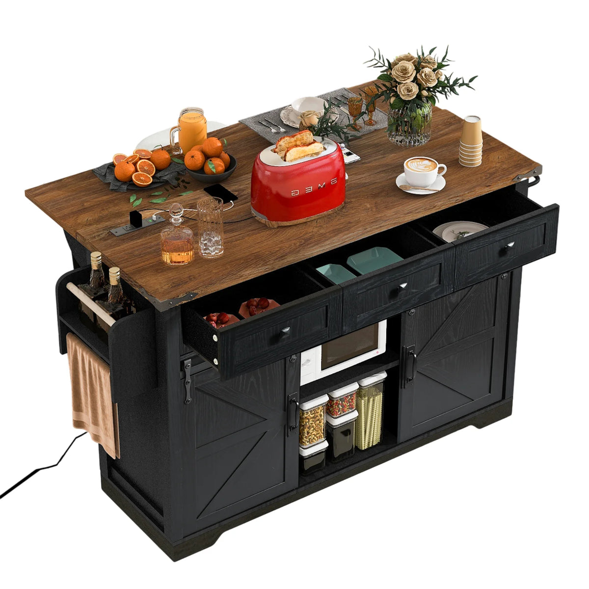 Homy Casa Farmhouse 53.7" Kitchen Island with Storage Cabinet, Sliding Barn Doors, and Wheels, White Oak