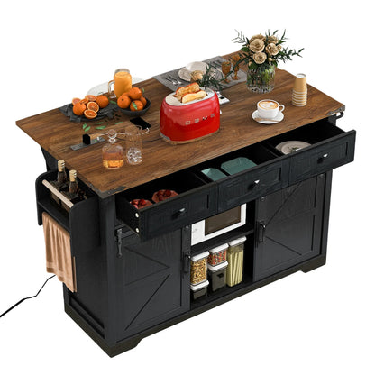 Homy Casa Farmhouse 53.7" Kitchen Island with Storage Cabinet, Sliding Barn Doors, and Wheels, White Oak