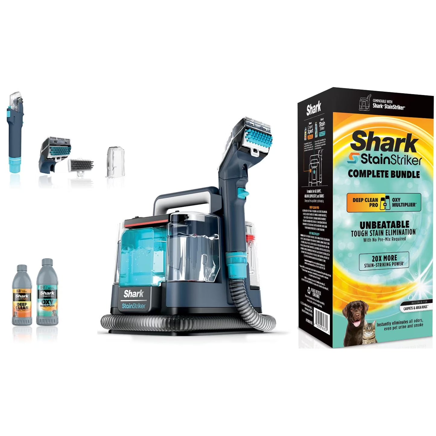 Shark StainStriker Carpet and Upholstery Cleaner, Portable with 2 Tools, 6oz Deep Clean Pro Formula and 12oz OXY Multiplier Formula, PX200 Navy/White