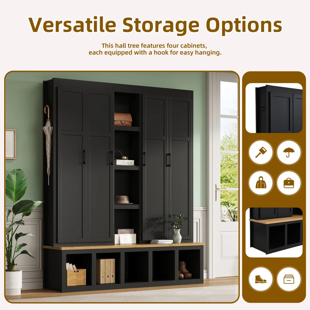 63" Farmhouse Hall Tree with Bench and Shoe Storage, 4-in-1 Entryway Bench with 4 Storage Cabinets, 5 Shoe Cabinets and 6 Hanging Hooks, Black