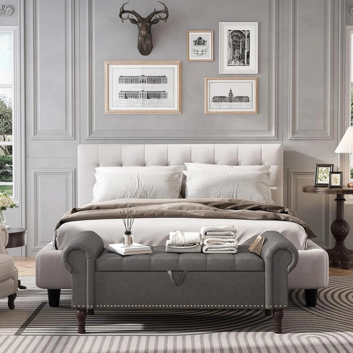 YOUDENOVA Storage Ottoman Bench for Bedroom 51" Queen Leather Storage Bench with Button, Upholstered Bedroom Bench with Rolled Arms for Living Room, Storage Room, Entryway, Gray