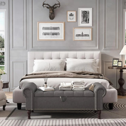 YOUDENOVA Storage Ottoman Bench for Bedroom 51" Queen Leather Storage Bench with Button, Upholstered Bedroom Bench with Rolled Arms for Living Room, Storage Room, Entryway, Gray