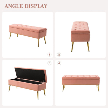 14 Karat Home Velvet Storage Ottoman Bench Gold Leg Upholstered Nailhead Trim Button Tufted Footstool Entryway Bedroom Living Room Pink