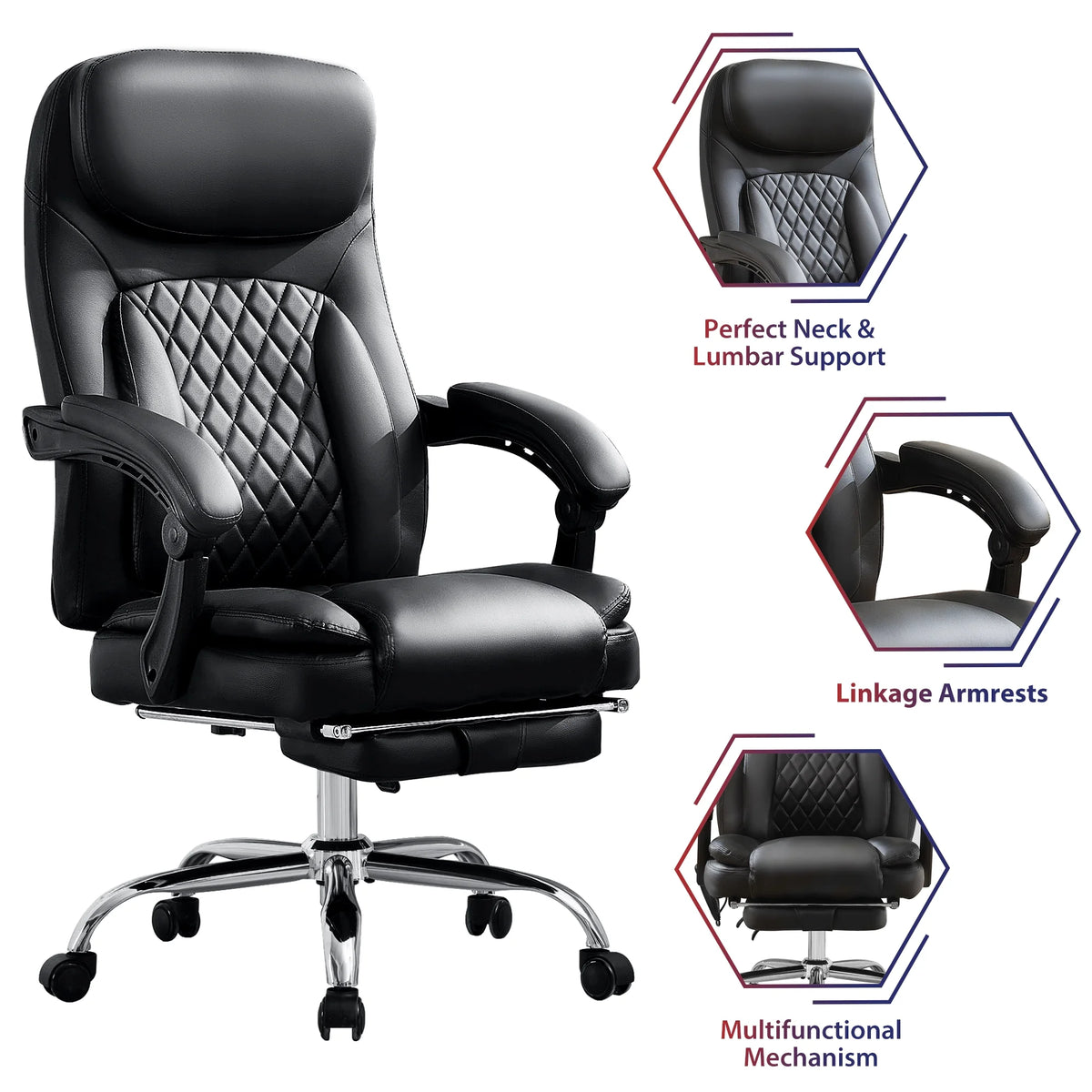 JONPONY Big and Tall Office Chair 500LBS Executive Office Chair Massage and Footrest Ergonomic Computer Desk Chair Reclining High Back Leather Office Chair Lumbar Back Support Swivel Rolling,Black