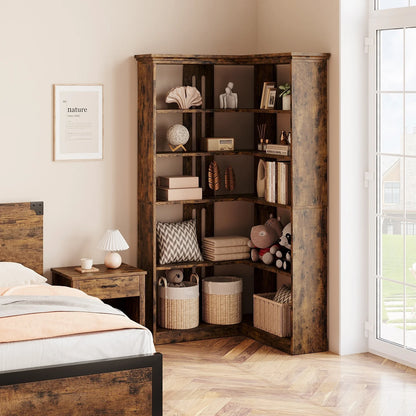 EuKer 5 Tier Corner Bookcase, L-Shaped Bookshelf with Large Storage Capacity for Living Room, Bedroom, Office (Half Panel, Retro Brown)