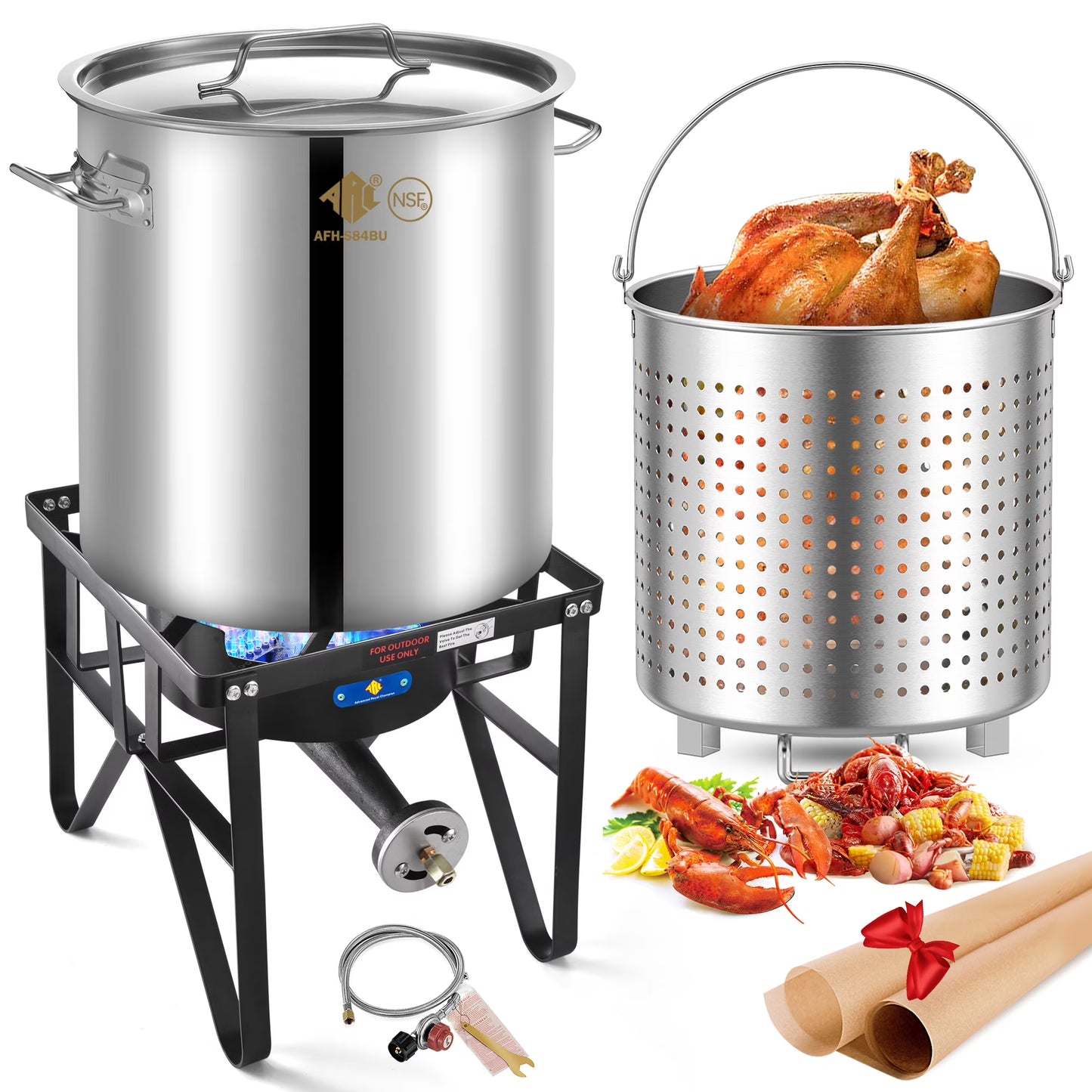 64QT Stainless Steel Seafood Boil Pot with 200,000BTU Single Burner Propane Stove, Heavy Duty Propane Burner For Outdoor Cooking Turkey Fryer, Crawfish Boil, Homebrewing