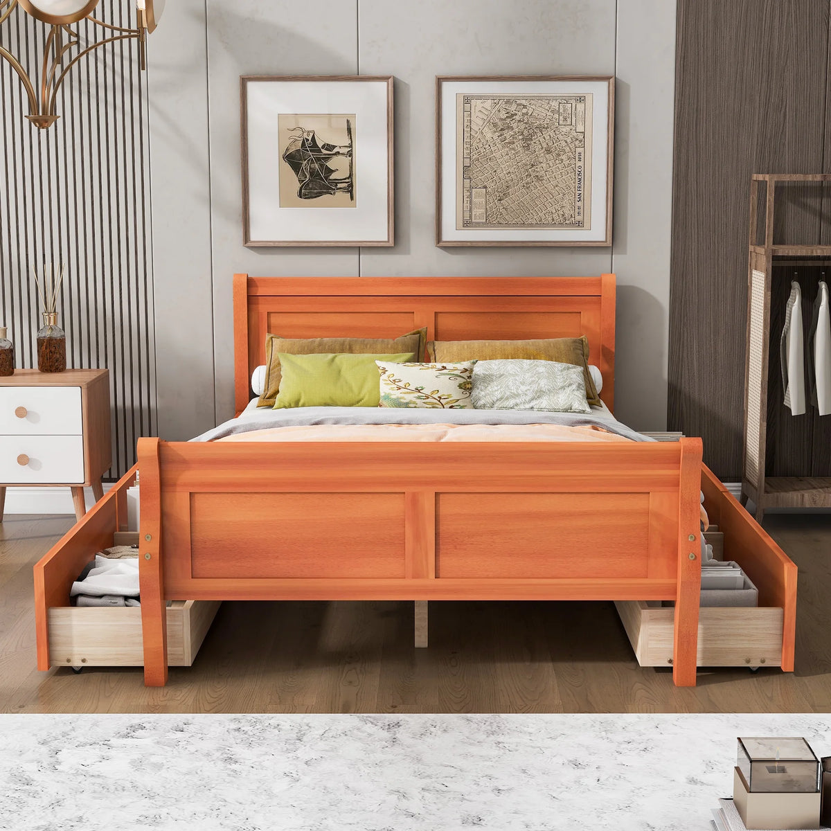 Full Size Wood Platform Bed with 4 Drawers,Storage Bed Frame with Streamlined Headboard and Footboard for Kids, Teens, Boys, Girls,Wooden Slats Support, No Box Spring Needed,Oak