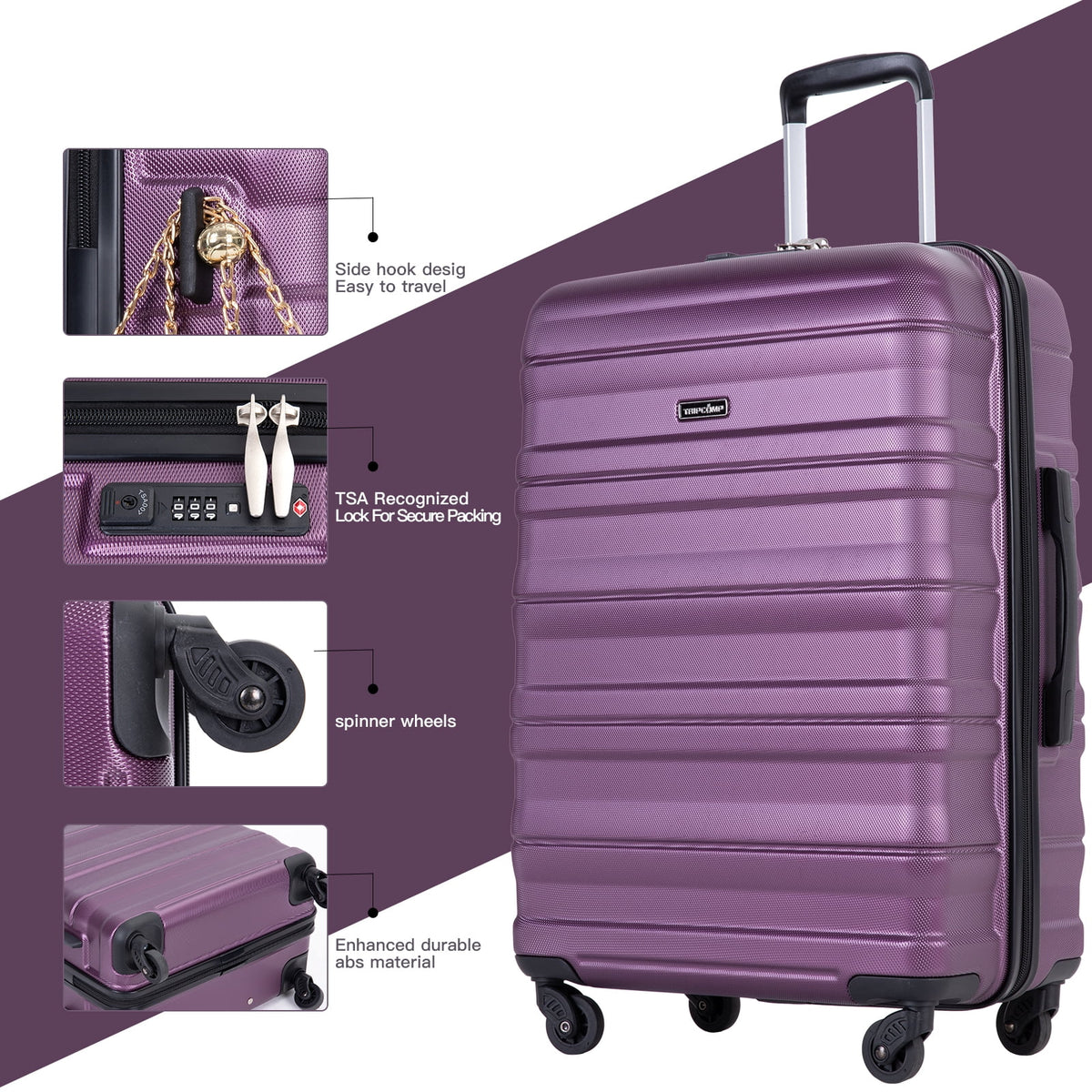 Tripcomp Hardside Luggage Set 3-Piece Set (21/25/29) Lightweight Suitcase 4-Wheeled Suitcase Set(Purple)