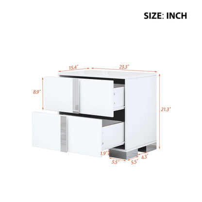 Elegant Nightstand with Metal Handle, Mirrored Bedside Table with 2 Drawers for Bedroom, Living Room, End Sofa Side Table for Living Room, Office, White