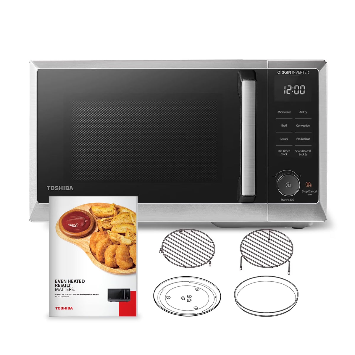 TOSHIBA 7-in-1 Countertop Microwave Oven Air Fryer Combo, Inverter, Convection, Broil, Speedy Combi, Even Defrost, Humidity Sensor, Mute Function, 27 Auto Menu&47 Recipes, 1.0 cu.ft/30QT, 1000W