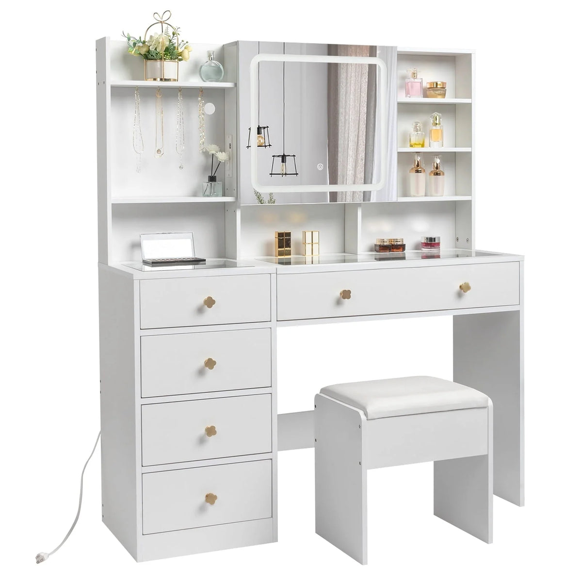Ktaxon Makeup Vanity with 3 Color Lights, Vanity Desk with USB Charging Station, Vanity Makeup Table with Visible Drawers, Hidden and Open Storage Shelves, White