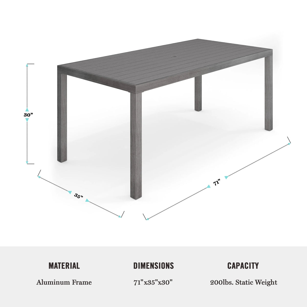 Martha Stewart 71" Indoor-Outdoor Patio Table with Gray Brushed Woodgrain Aluminum Finish