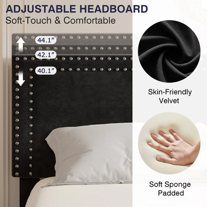VECELO Full Bed Frame with 4 Storage Drawers (Wheeled) and Tufted Upholstered Adjustable Headboard Platform Bed, Beige