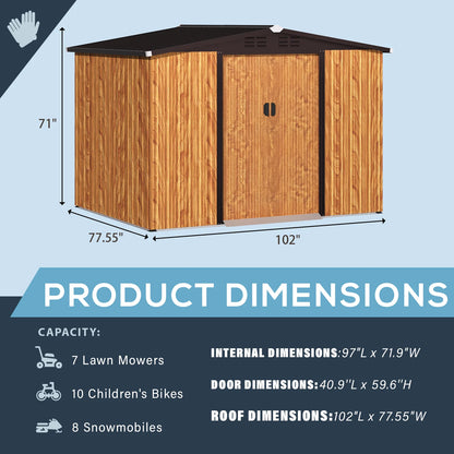U-MAX 8 x 6 ft. Wood Grain Outdoor Metal Storage Shed with Lockable Door Patio Garden Storage Building for Outside
