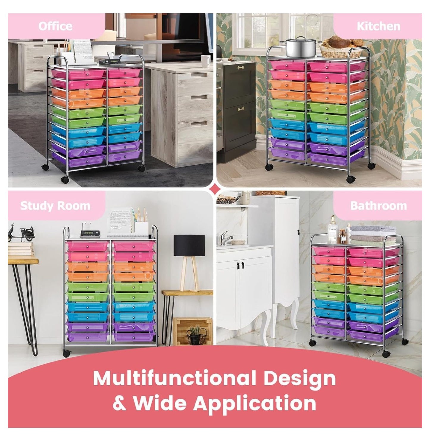 20 Drawers Storage Cart w/Rolling Wheels, Semi-Transparent Mobile Rolling Drawer Cart for School Classroom Office Home Salon, Files Scrapbook Craft Organizer, Utility Cart on Wheels (Clear)