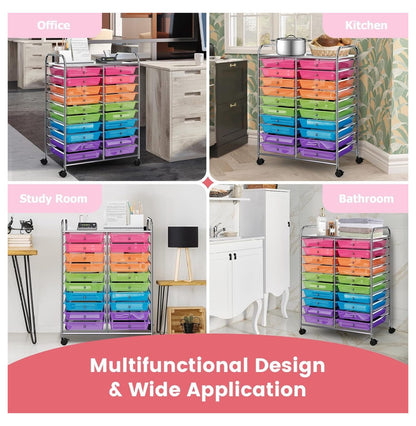 20 Drawers Storage Cart w/Rolling Wheels, Semi-Transparent Mobile Rolling Drawer Cart for School Classroom Office Home Salon, Files Scrapbook Craft Organizer, Utility Cart on Wheels (Clear)
