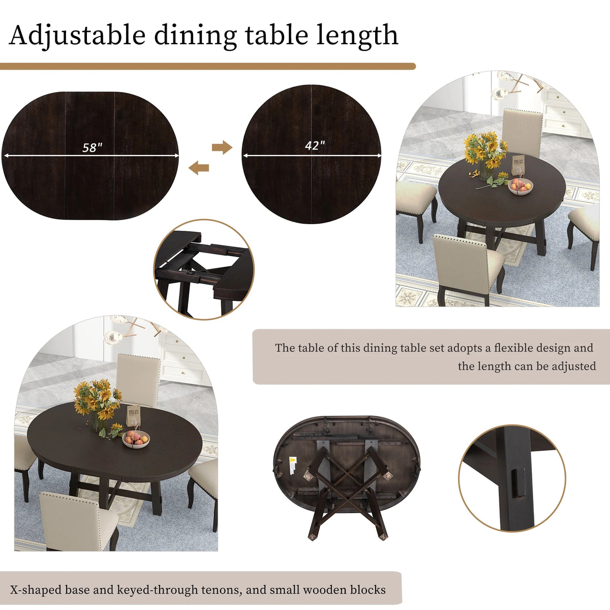 Harper & Bright Designs Round Extendable Dining Table Set for 4, 5 Piece Farmhouse Wood Dining Table Set with 4 Upholstered Dining Chairs, Natural Wood Wash