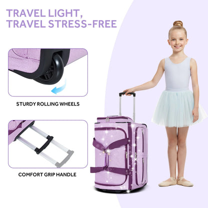 Fegat Dance Bag with Garment Rack,23"Glitter Bright Rolling Dance Duffel Bag Lightweight Competition Bag Costume Suitcase for Dancers Performer Artist, Shine Glitter Purple