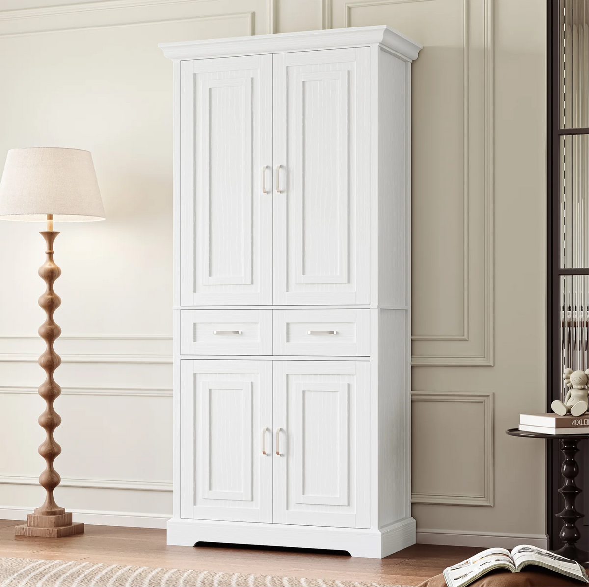 Homfa 70.9'' Tall Kitchen Pantry with 4 Doors, 2 Drawer Modern Freestanding Storage Cabinet for Dining Room Living Room, White