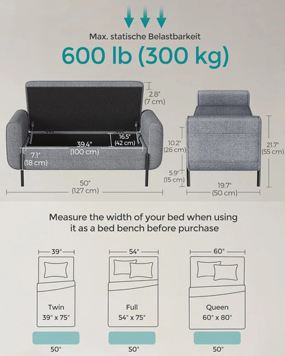 SONGMICS 46.5" Storage Ottoman Bench Storage Bench Bedroom Bench 330lb Load Capacity Solid Wood Legs Light Gray