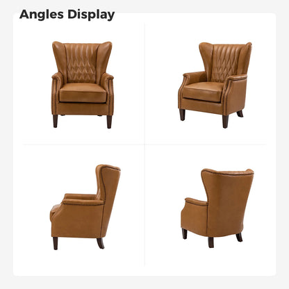 Traditional Genuine Leather Accent Chair with Nailhead Trim Tufted Armchair for Living Room Camel