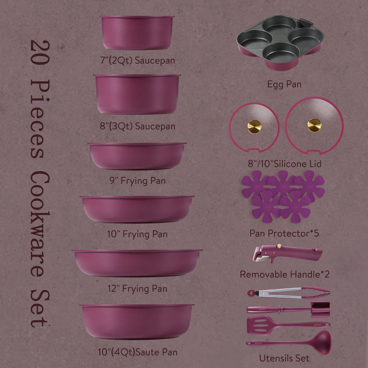 Carote 20 Pcs Nonstick Cookware Sets, Pots and Pans Set with Detachable Handles, Oven Safe, Induction Cookware, Stackable Kitchen Cooking Set, Ultra Violet