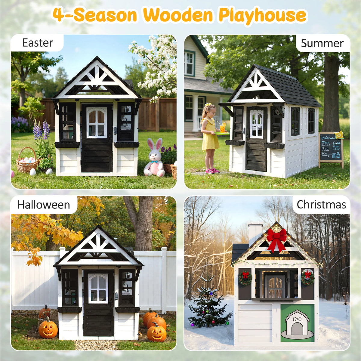 COCLUB Outdoor Playhouse for Kids Ages 4-8, Wooden Play House with Doorbell, Phone, Kitchen Toys, Outdoor Kids Play Equipment, Casa Para Ni?as (45��L x 65��H), White & Black