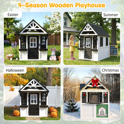 COCLUB Outdoor Playhouse for Kids Ages 4-8, Wooden Play House with Doorbell, Phone, Kitchen Toys, Outdoor Kids Play Equipment, Casa Para Ni?as (45��L x 65��H), White & Black