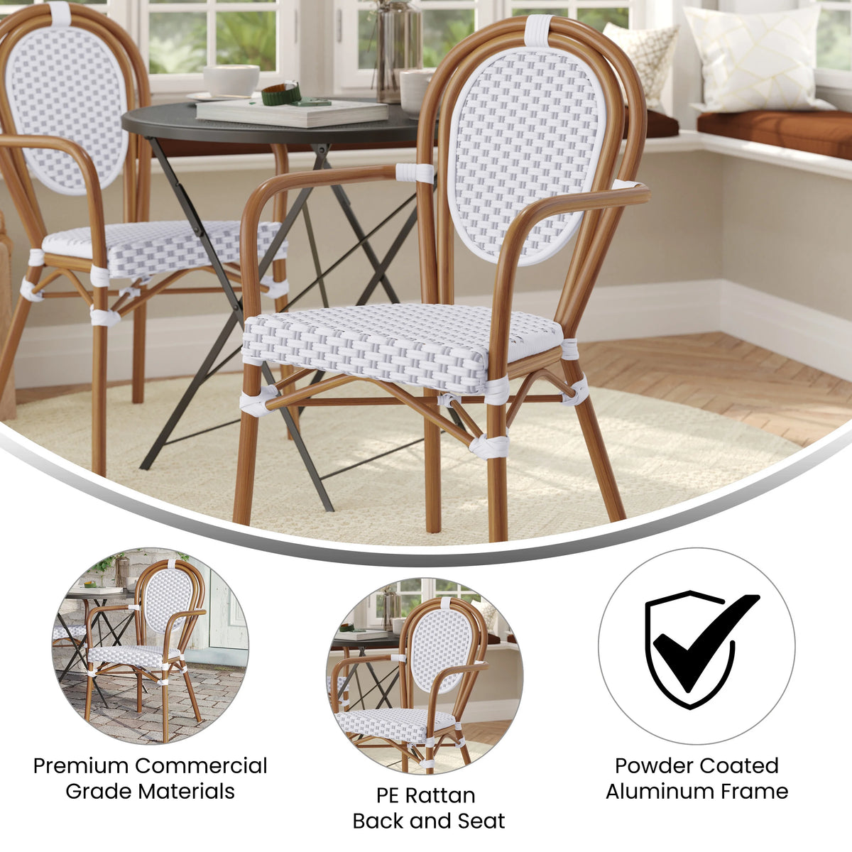 Merrick Lane Stacking Thonet French Bistro Style Chair with Arms, Black & White PE Rattan Seat, and Bamboo Finished Metal Frame for Indoor/Outdoor Use