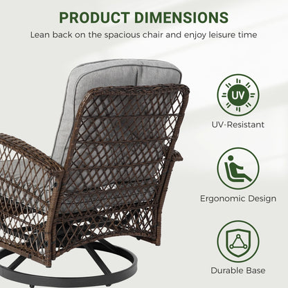 3 Piece Patio Swivel Rocker Chairs Set, 2 360-Degree Swivel Rocking Chairs with 1 Glass Top Table, PE Rattan Outdoor Bistro Set with Cushions for Balcony Deck Poolside Backyard Porch