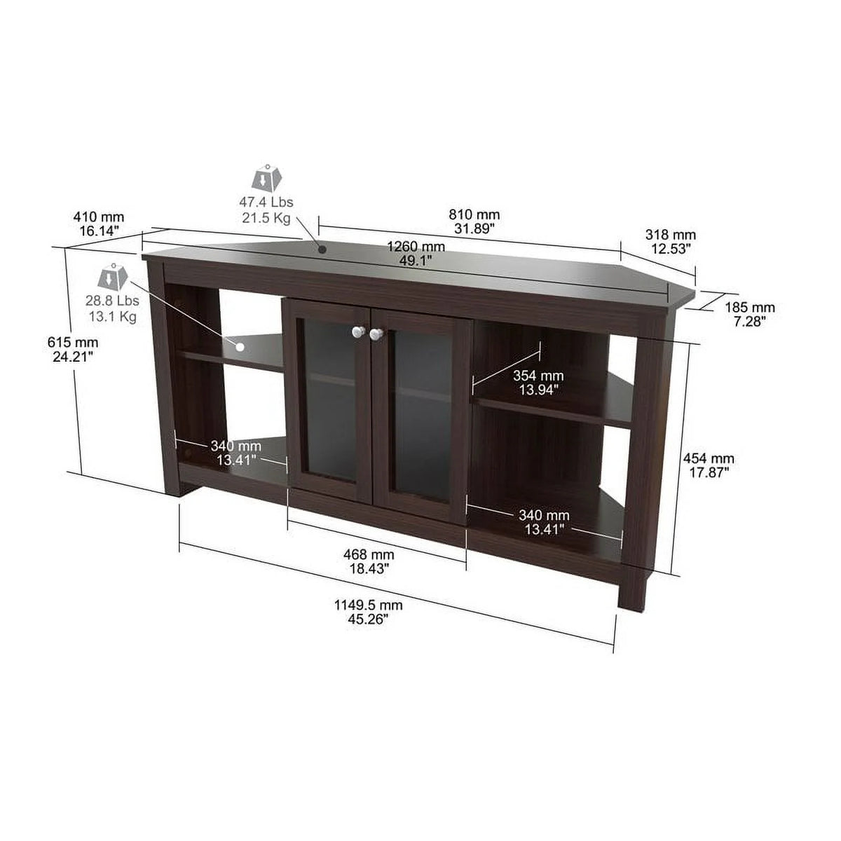 Inval Corner Laminate 60�� TV Stand with Glass Doors, White