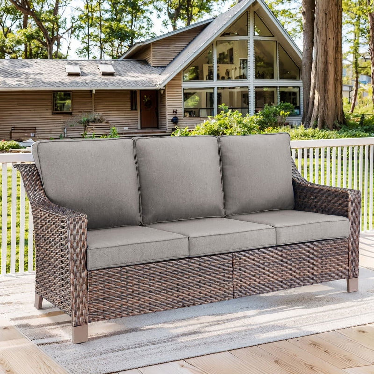 POCASSY Wicker Outdoor Couch, Brown Wicker Sofa Outdoor Furniture with All Weather Rattan and Olefin Cushion for Balcony, Backyard, Porch, Brown/Gray