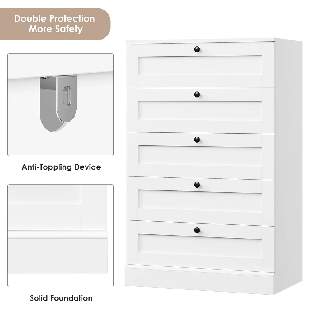 Homfa 5 Drawer White Bedroom Dresser, Modern Vertical Dresser Drawers Wood Organizer for Living Room Entryway Small Spaces