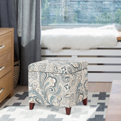 Homebeez Printed Linen Cube Storage Ottoman with Solid Wood Legs, Cube Footstool, Storage Cabinet, 18" H Weight Capacity 300LB Blue