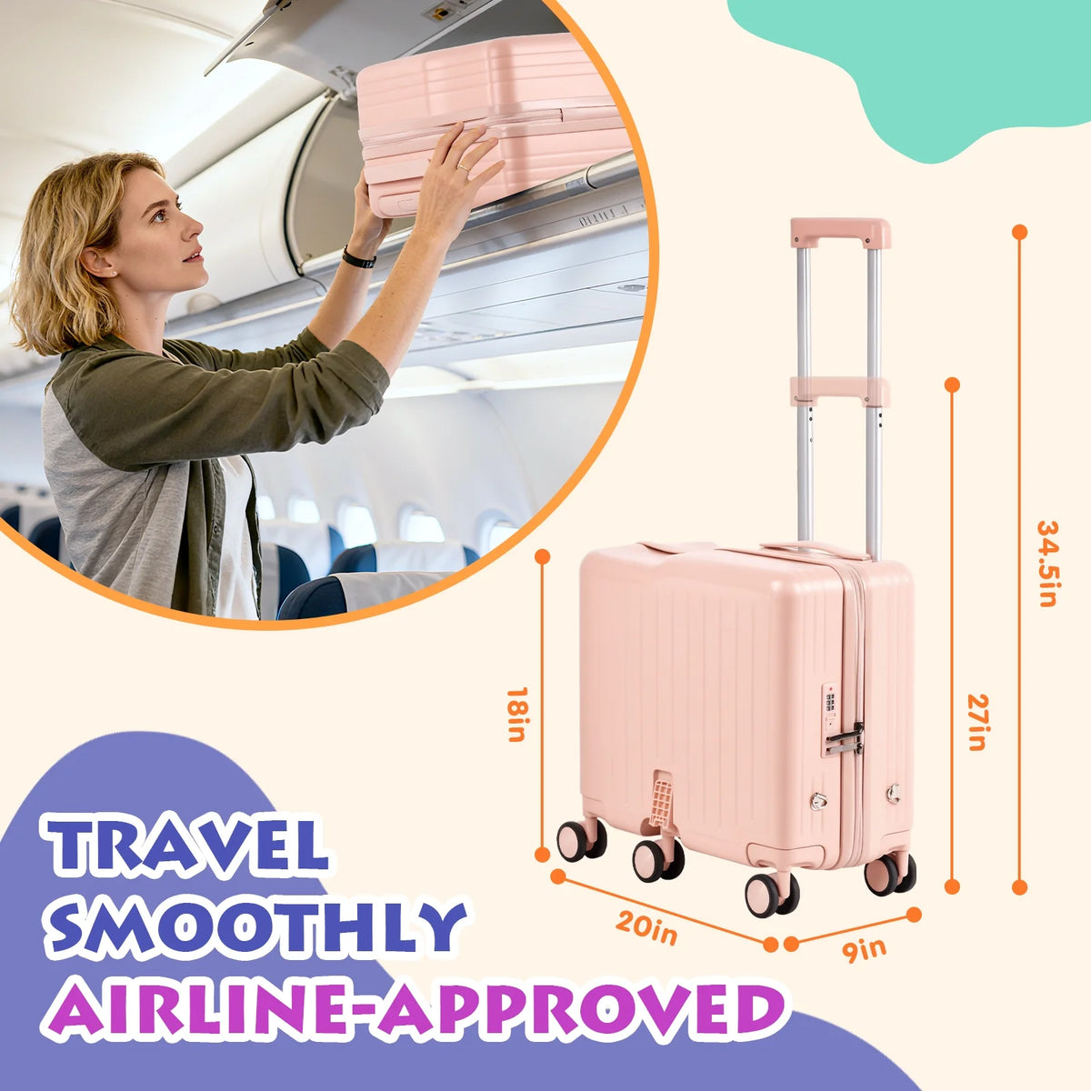 Advwin Ride-On Kids Luggage with Pull Strap, Footrests, Cup Holder, 6 Wheels & Adjustable Handle, 18-Inch Spinner Suitcase with Stickers & Boarding Pass, Pink
