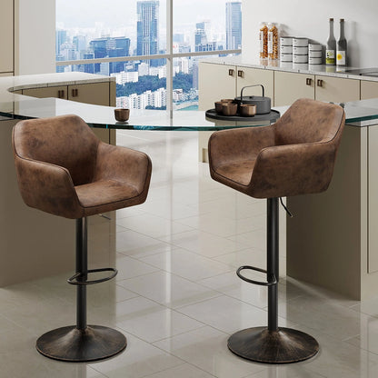 Homfa Swivel Bar Stool with Armrests, Tall Adjustable Rolling Stool Chair with Back for Home Office, Vintage Brown (Set of 2)