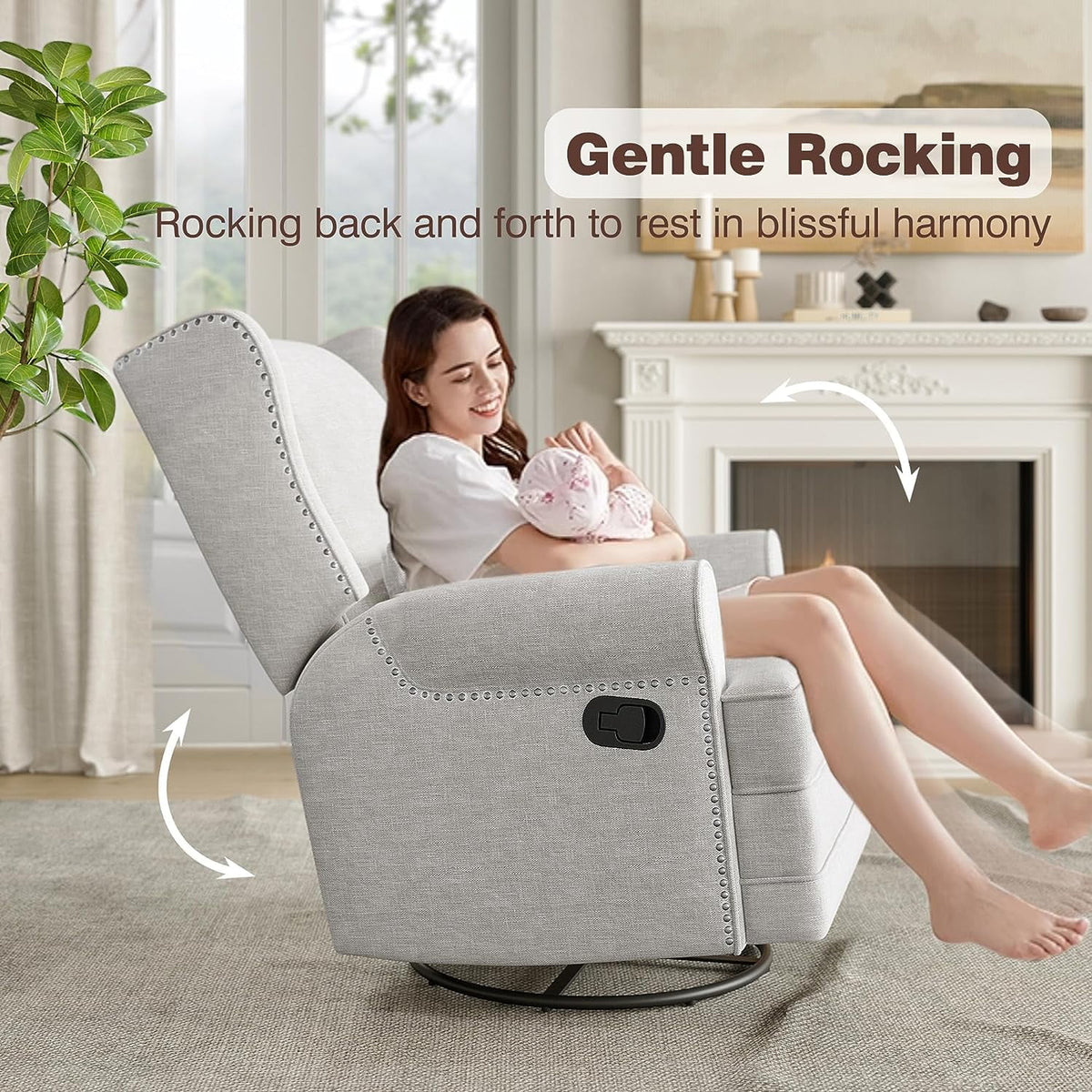 Royalcraft Swivel Nursery Glider Recliner, Comfy Upholstered Glider Chair with Lumbar Pillow and Footrest, Beige