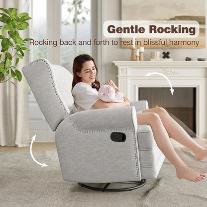 Royalcraft Swivel Nursery Glider Recliner, Comfy Upholstered Glider Chair with Lumbar Pillow and Footrest, Beige