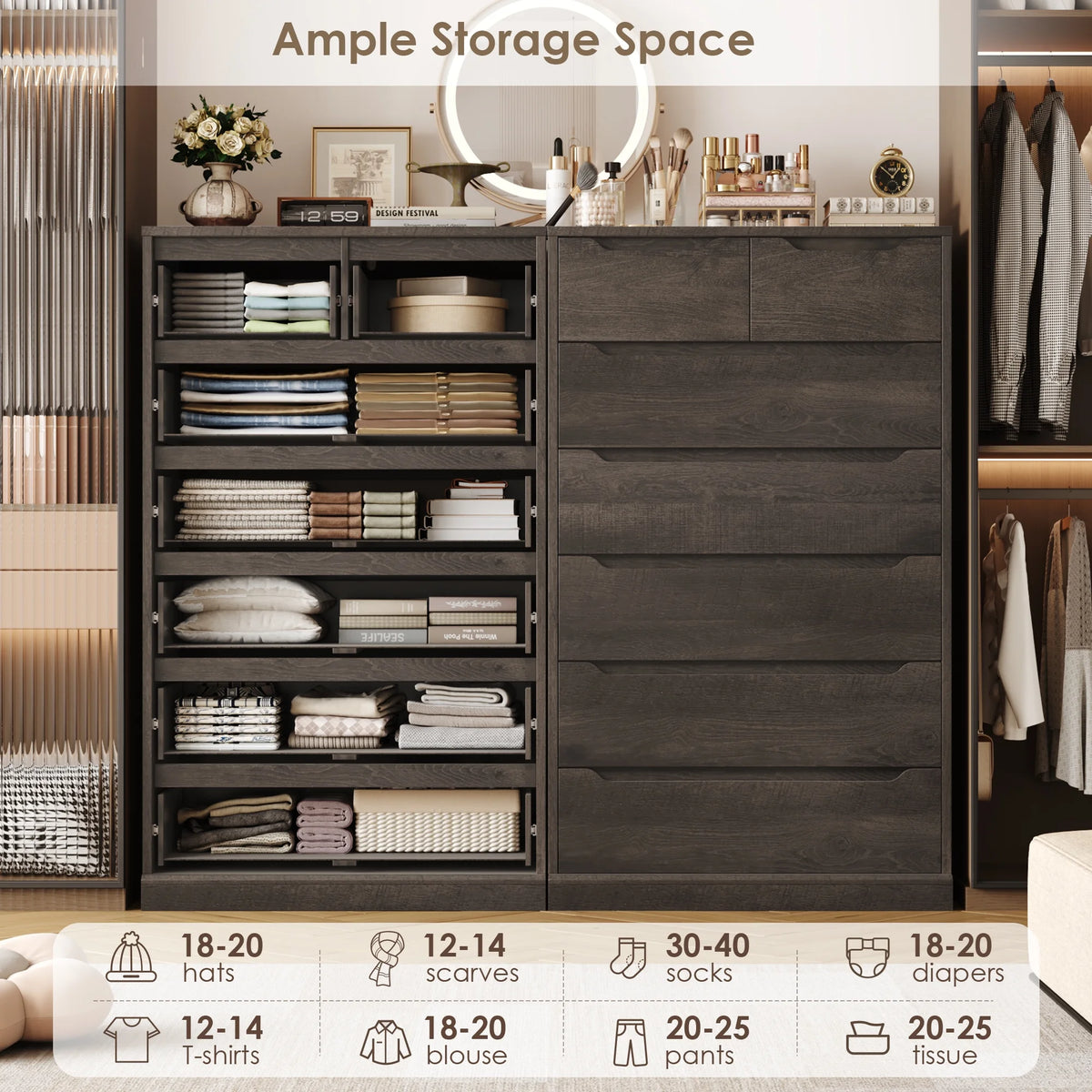 Homfa 7 Drawer White Dresser, 51.3"H Wood Storage Cabinet with Upgraded Stable Base, Vertical Chest for Bedroom Living Room