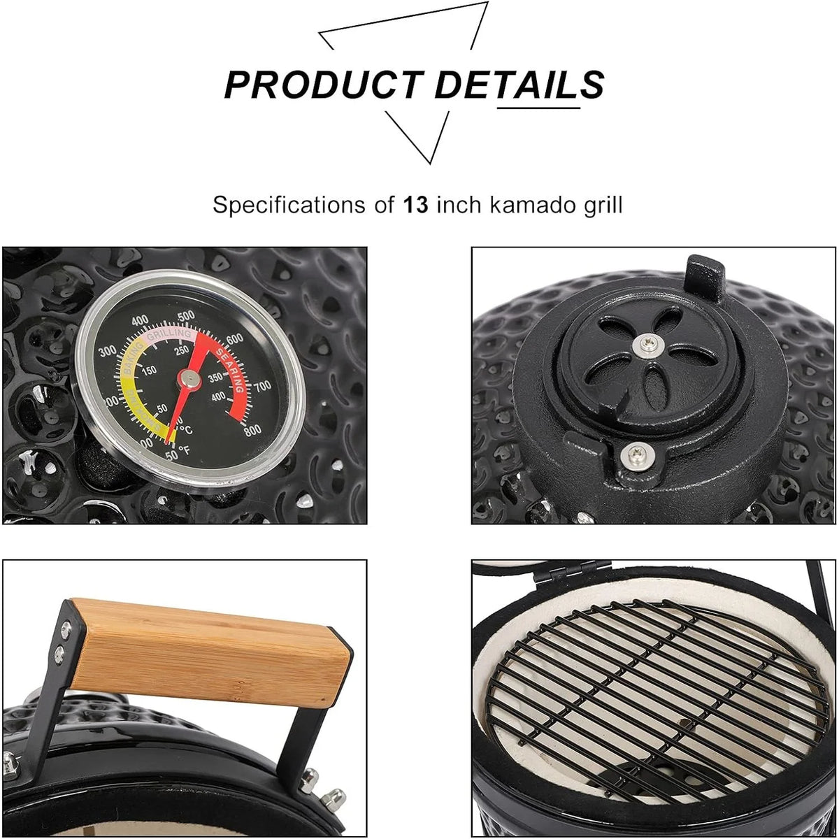 ZZJP Ceramic Grill, 13" Round Kamado Charcoal Grill, Portable Barbecue Grill with Thermometer for Variations on Cooking Methods(Black)