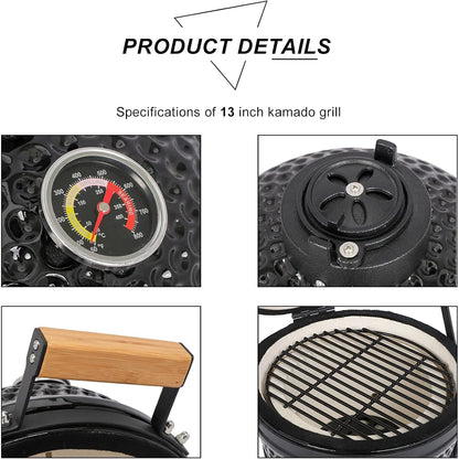 ZZJP Ceramic Grill, 13" Round Kamado Charcoal Grill, Portable Barbecue Grill with Thermometer for Variations on Cooking Methods(Black)