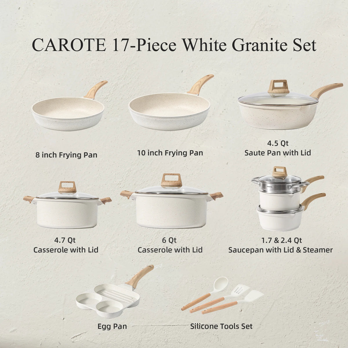 Carote Nonstick Cookware Sets, 24 Pcs Granite Non Stick Pots and Pans Set, Induction Cookware, White