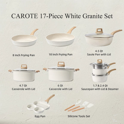 Carote Nonstick Cookware Sets, 24 Pcs Granite Non Stick Pots and Pans Set, Induction Cookware, White