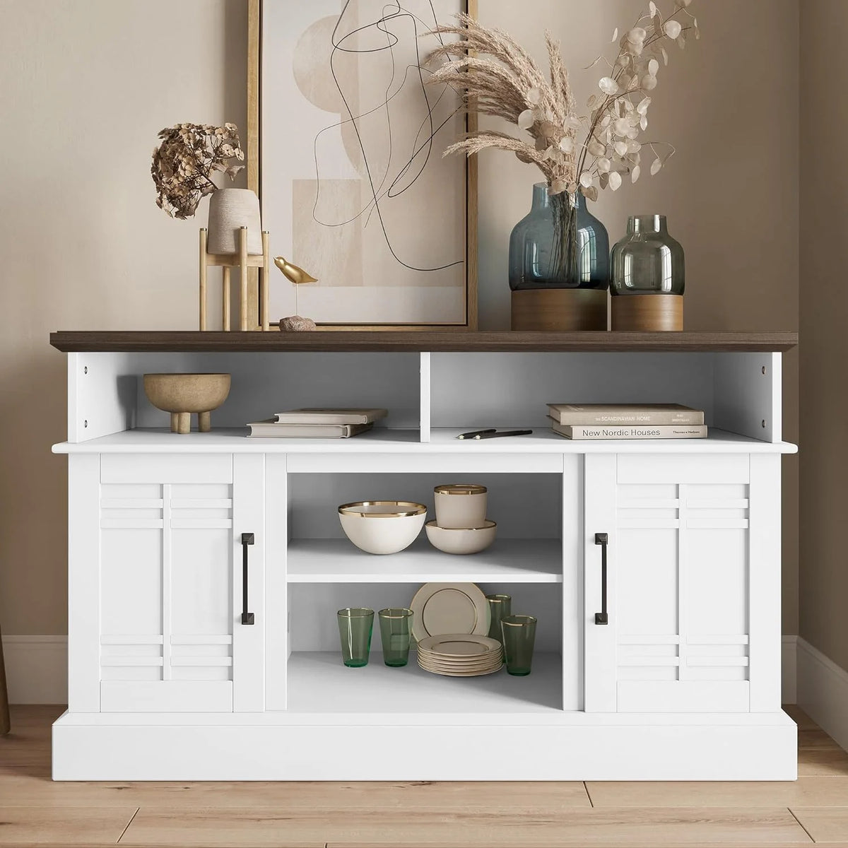Modern 48" Farmhouse Wood TV Stand & Media Entertainment Center Console Table for TVs up to 50 Inch with Open Storage Shelves & Cabinets - Norrell (Espresso)