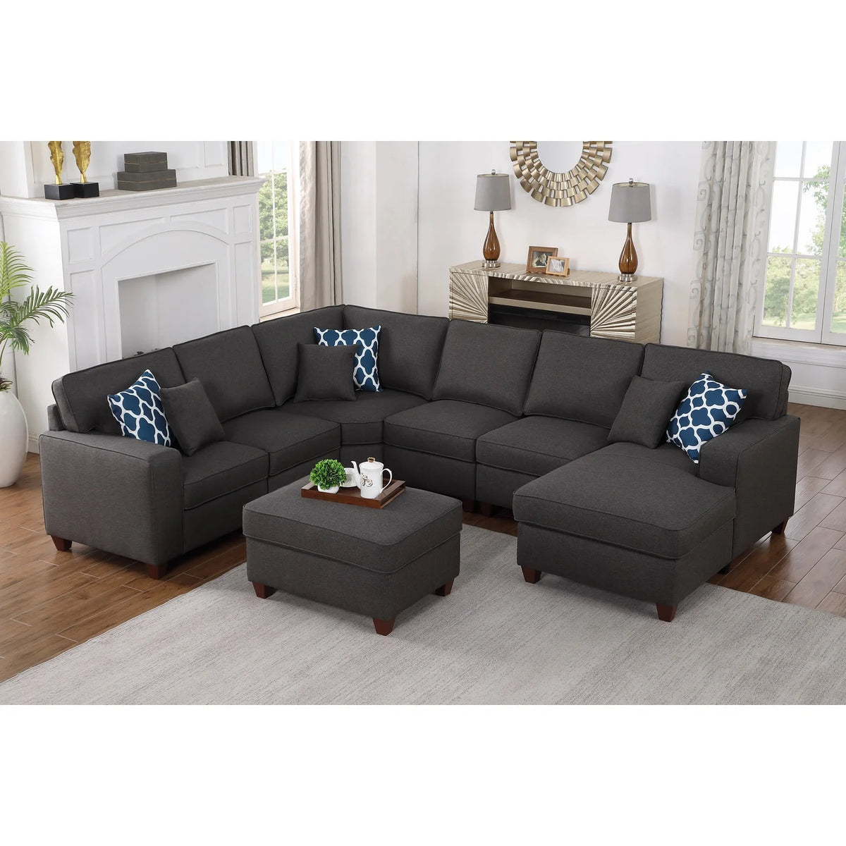 Devion Furniture 7-Piece Upholstered Modern Fabric Sectional in Light Gray