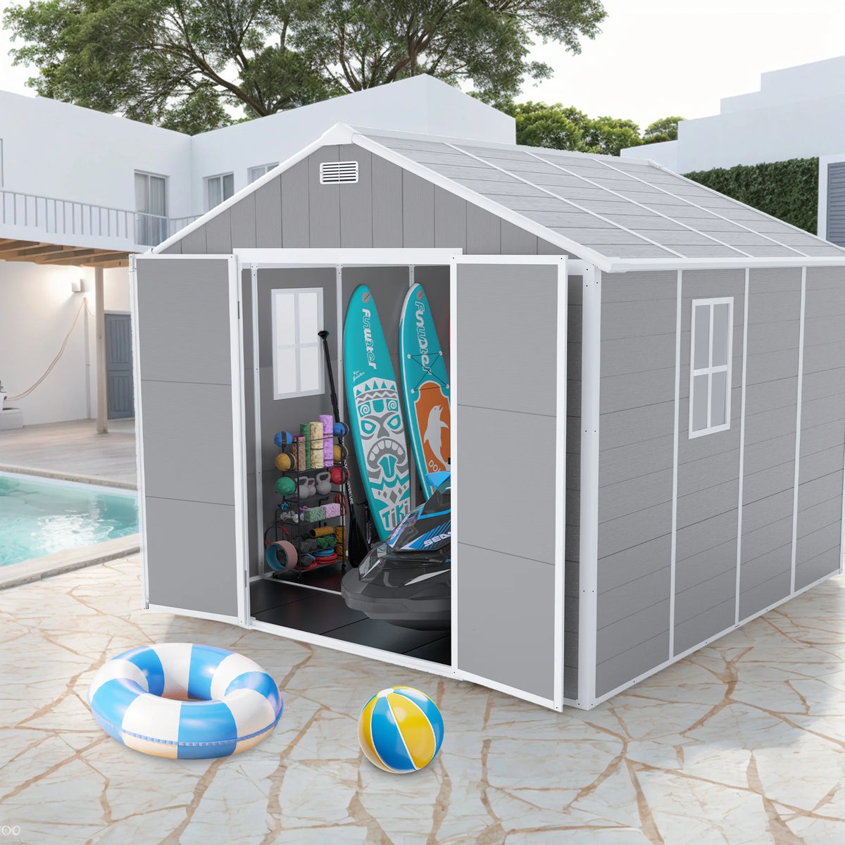 Seizeen Shed and Outdoor Storage, 41 Cu.Ft Small Outdoor Resin Shed with 3 Doors & Floor, 306GAL Deck Box Waterproof Plastic Tool Storage Shed for Cushion Lawn Mower Garbage Cans