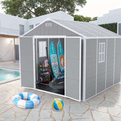 Seizeen Shed and Outdoor Storage, 41 Cu.Ft Small Outdoor Resin Shed with 3 Doors & Floor, 306GAL Deck Box Waterproof Plastic Tool Storage Shed for Cushion Lawn Mower Garbage Cans