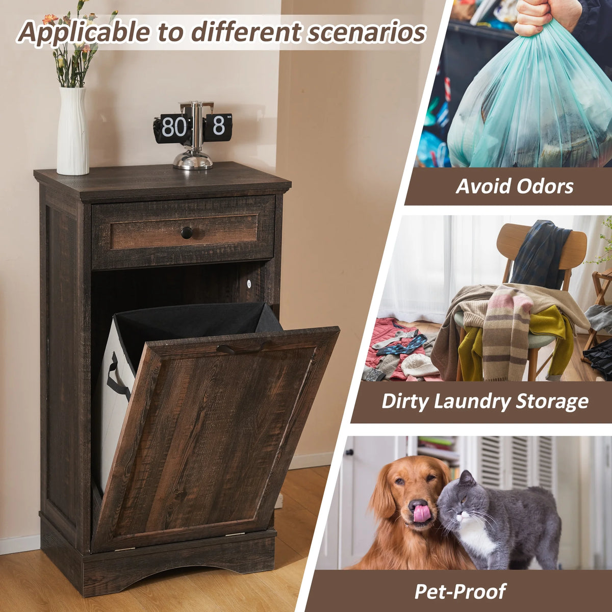 HARIPUL Single Tilt Out Trash Cabinet for 13 Gallon Waste Bin, Free Standing Kitchen Trash Can Cabinet with Drawers, White